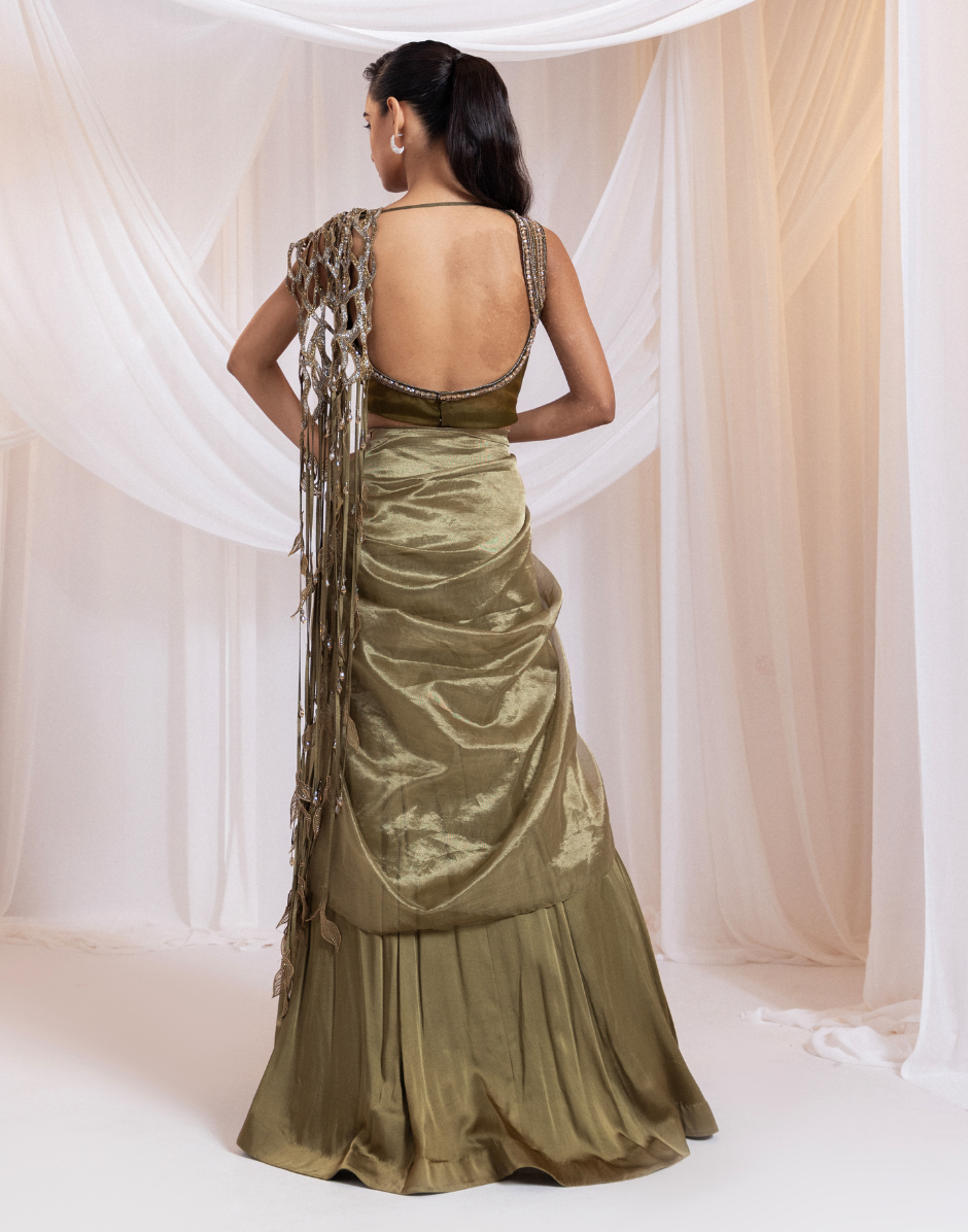 Olive Pre-Draped Saree with Metallic Embroidered Blouse_3