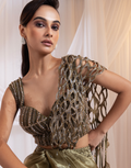Olive Pre-Draped Saree with Metallic Embroidered Blouse_1