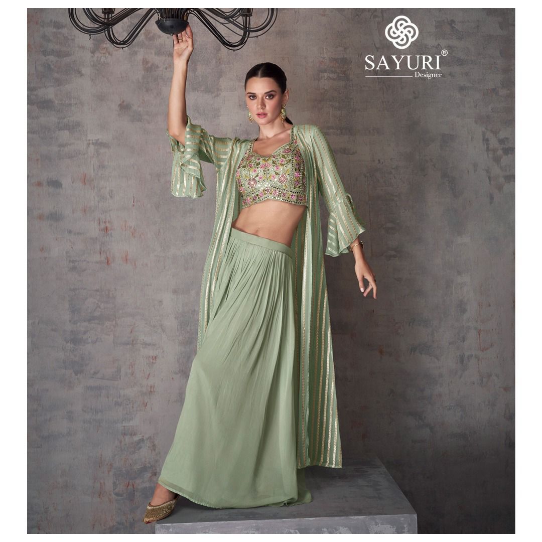 Olive Zari Embroidered Jacket With Blouse And Palazzo - Rent