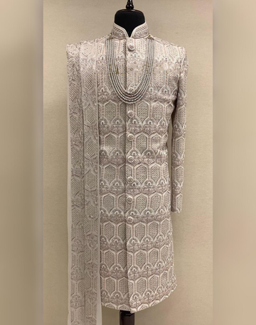 Opulent Cream Multicolour Embroidered Sherwani Set with Royal Embellishments