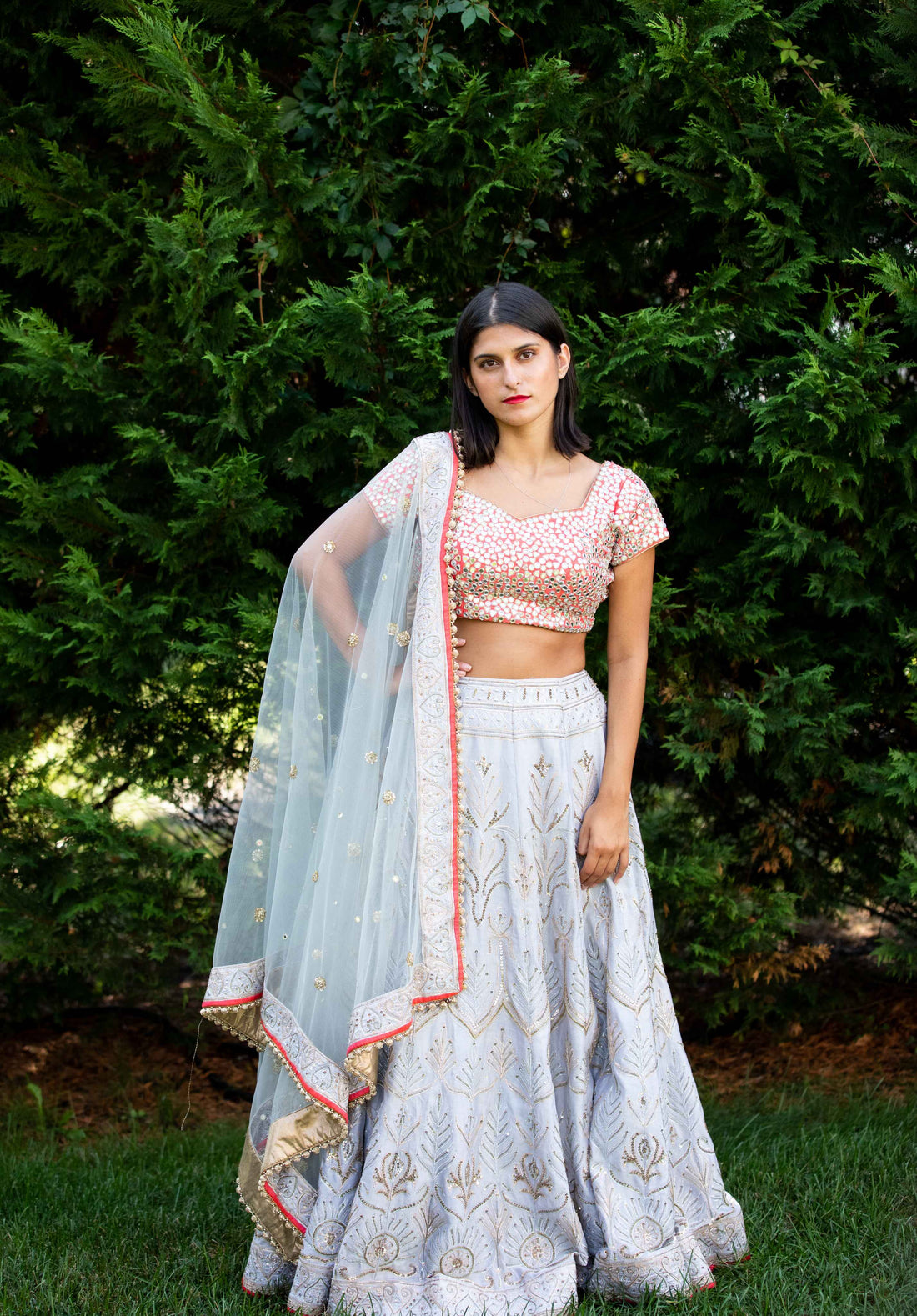 Opulent Grace Grey Red Sequin Gotta Patti and Tikki Work Lehenga with Blouse & Dupatta