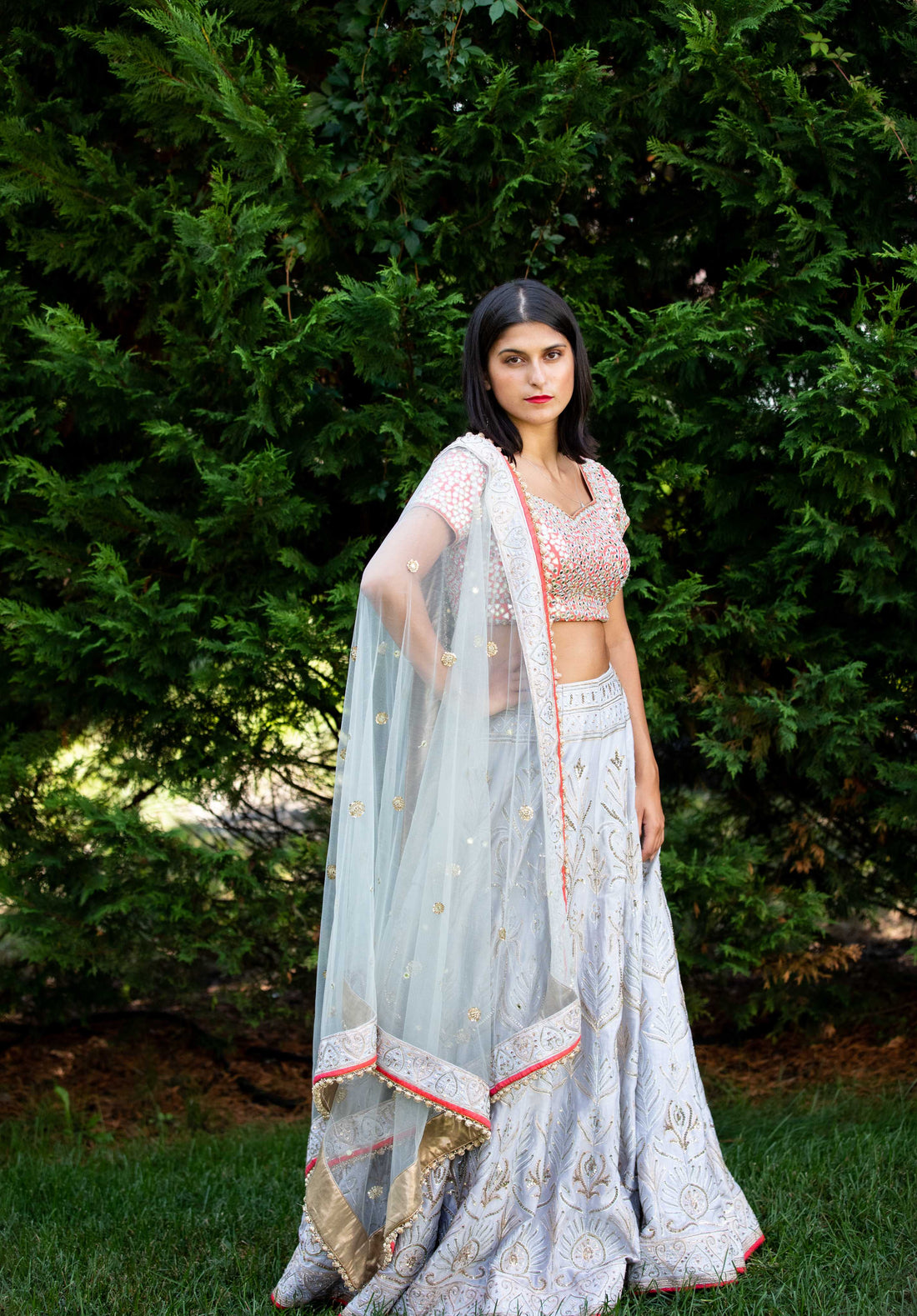 Opulent Grace Grey Red Sequin Gotta Patti and Tikki Work Lehenga with Blouse & Dupatta