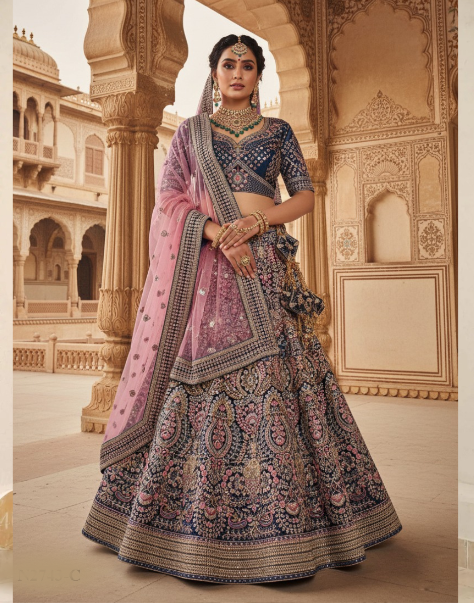 Opulent Navy Blue Velvet Lehenga Choli with Hand Embroidery, Beads & Net Dupatta - Buy