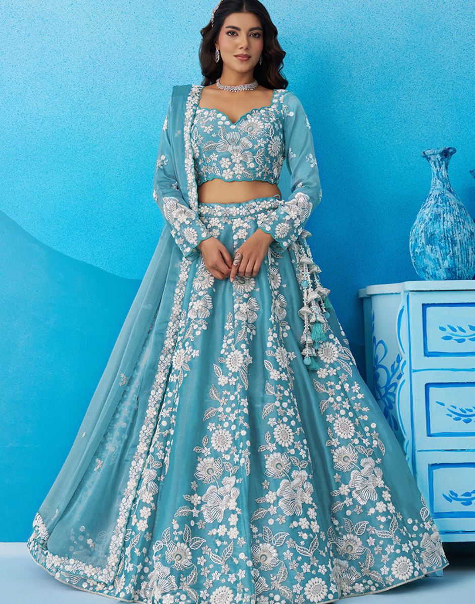 Opulent Organza Lehenga with Sparkling Beads & Sequins Work for Festive Celebrations
