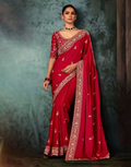 Opulent Red Designer Saree Fancy Fabric with Masterful Aari and Hand Embroidery - Buy
