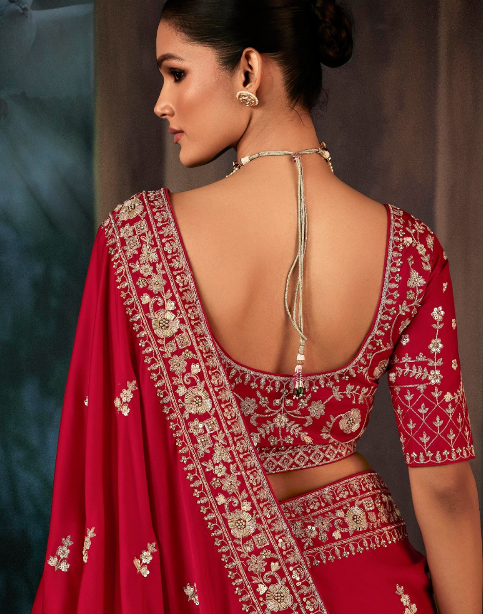Opulent Red Designer Saree Fancy Fabric with Masterful Aari and Hand Embroidery - Buy_2