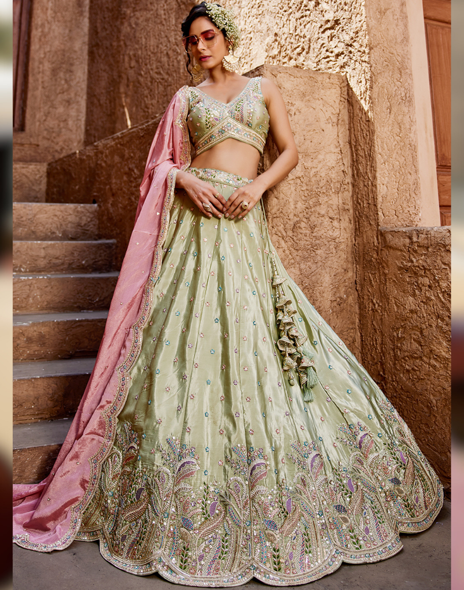 Opulent Satin Silk Sequin Embroidered Stitched Lehenga Choli with Dupatta Perfect for Weddings & Special Occasions