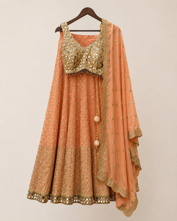 Orange Mirror Work Lehenga for Wedding Guest - RENT