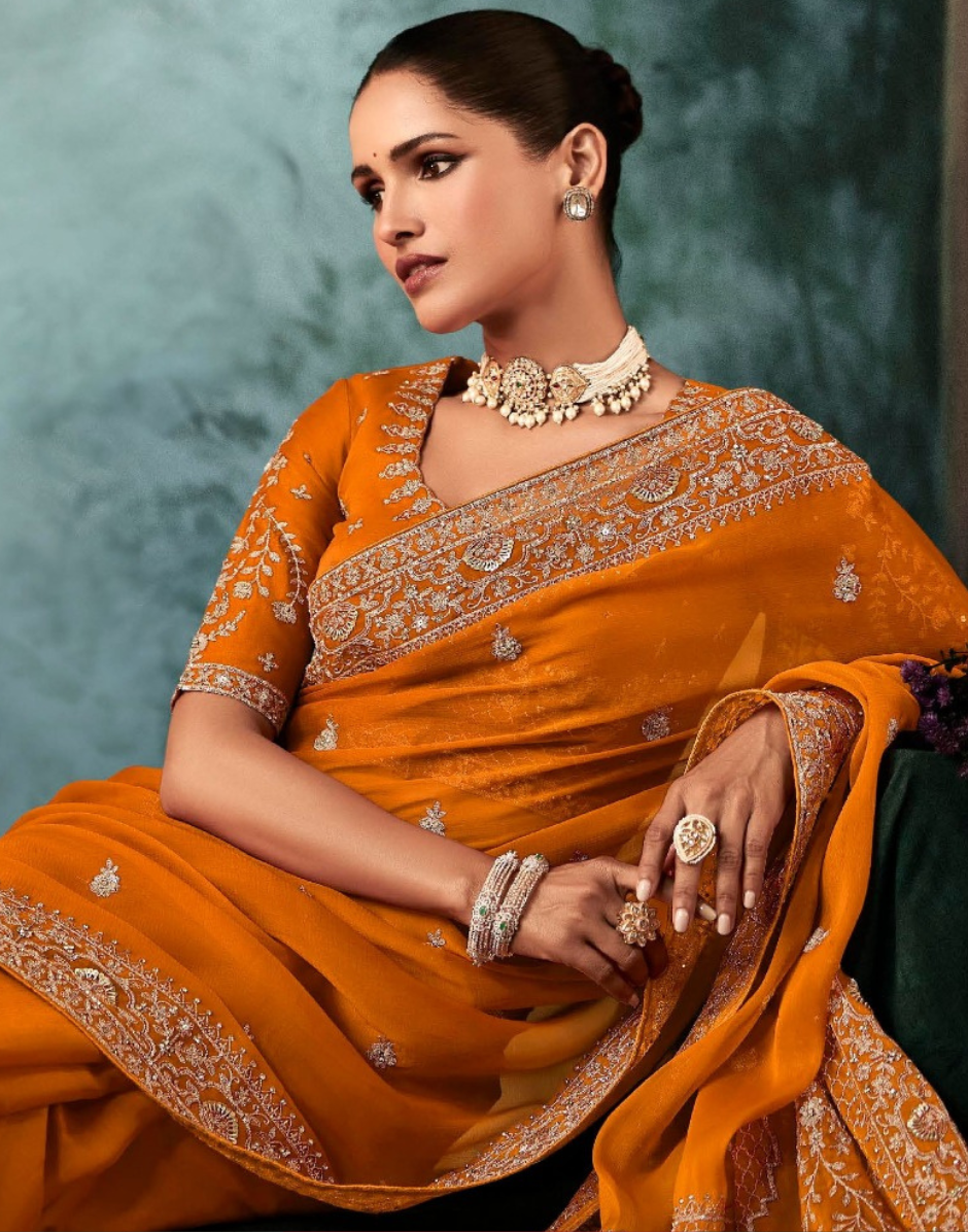 Orange Embroidered Fancy Saree Aari and Handwork Accents with Matching Blouse - Buy_3