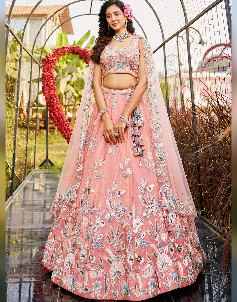 Orange Lehenga Choli with Sequins & Thread Embroidery and Dupatta Elegant Bridal & Festive Wear