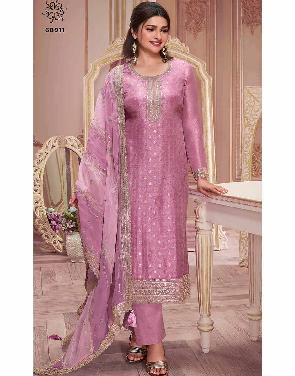 Orchid Pink Embroidered Dola Jacquard Kurta, Bottom & Dupatta Set