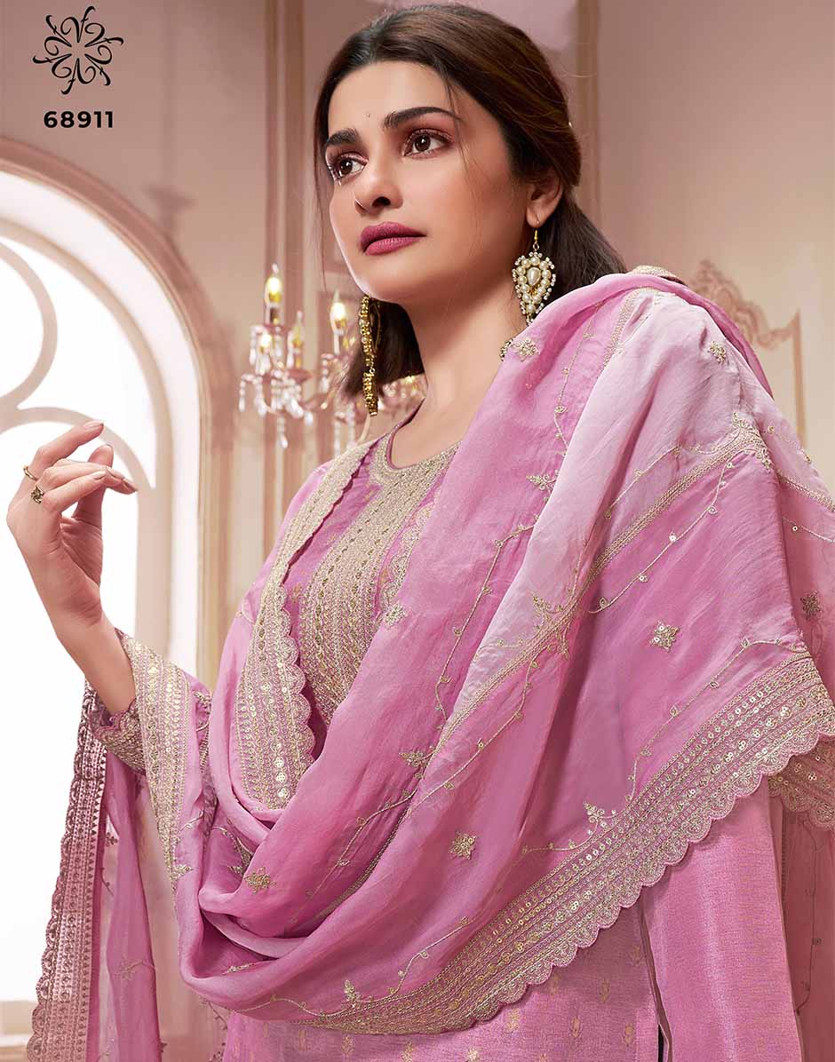 Orchid Pink Embroidered Dola Jacquard Kurta, Bottom & Dupatta Set