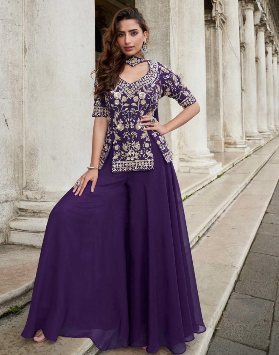 Organza Silk Designer Wedding Wear Embroidered Top with Palazzo and Embroidered Dupatta