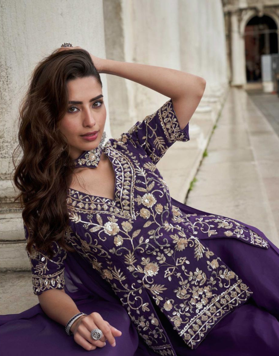 Organza Silk Designer Wedding Wear Embroidered Top with Palazzo and Embroidered Dupatta_1