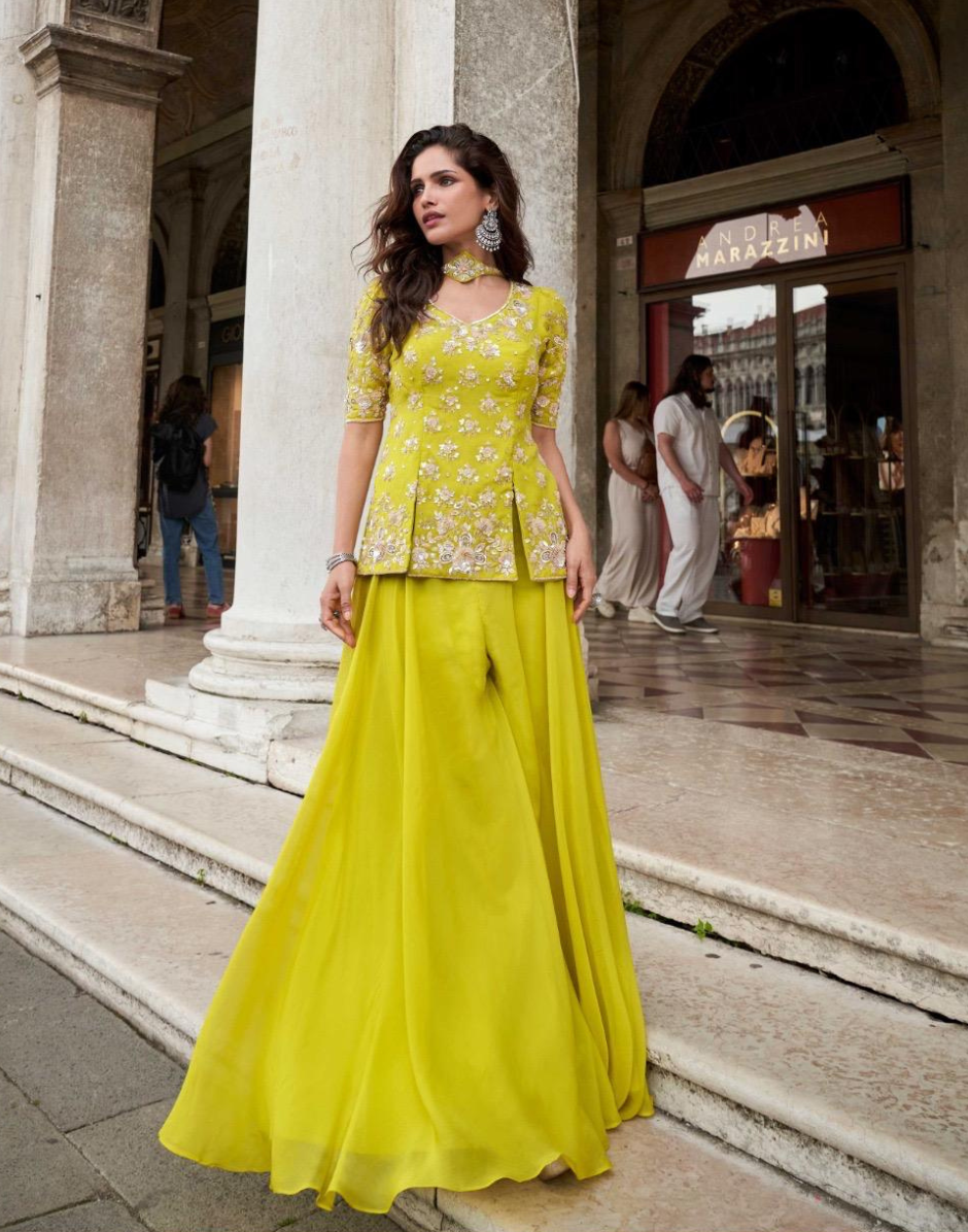 Organza Silk Designer Wedding Wear Embroidered Top with Palazzo and Embroidered Dupatta_2