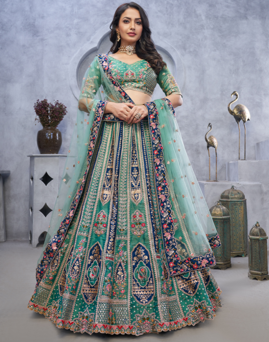 Organza Silk Intricate Paisley Motifs Traditional Embroidered Wedding Lehenga Choli With Soft Net Dupatta