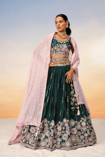 Stunning Green Georgette Lehenga Choli with Intricate Sequins  - Rent