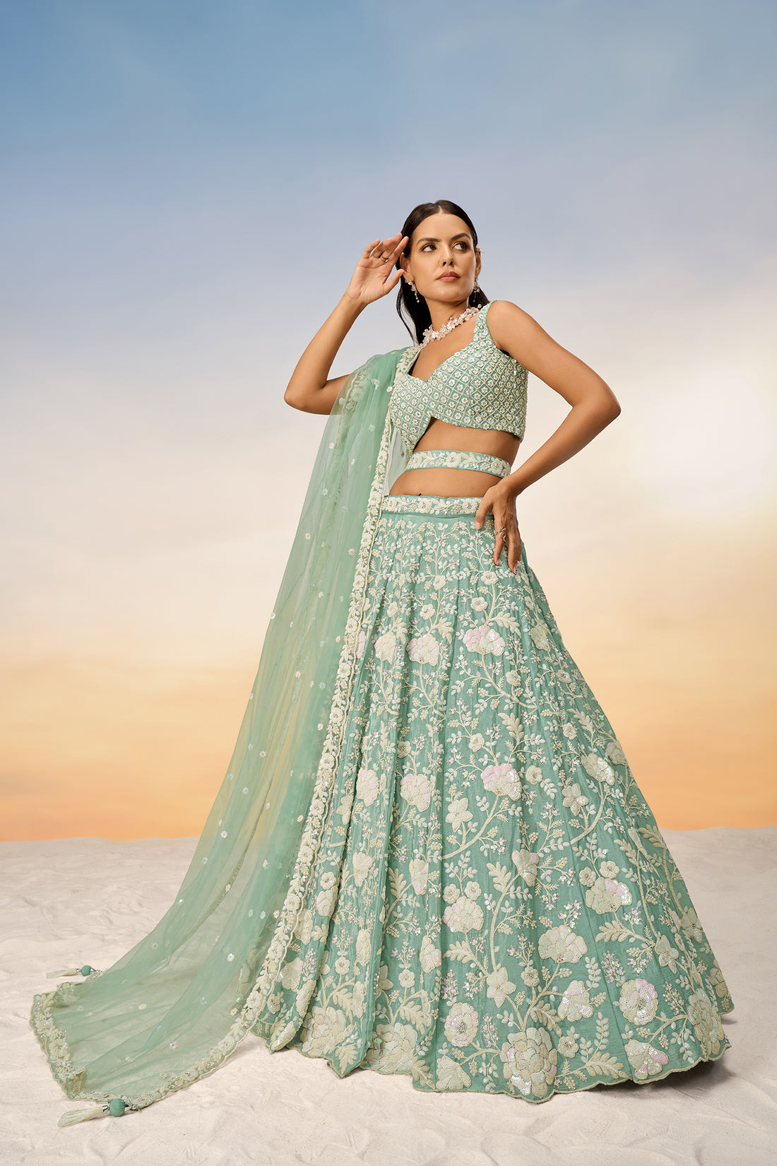 Seagreen Georgette Sequins And Thread Work Lehenga, Choli And Dupatta