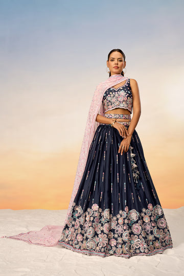 Luxurious Navy Blue Pure Georgette Lehenga Choli with Sequins - Rent