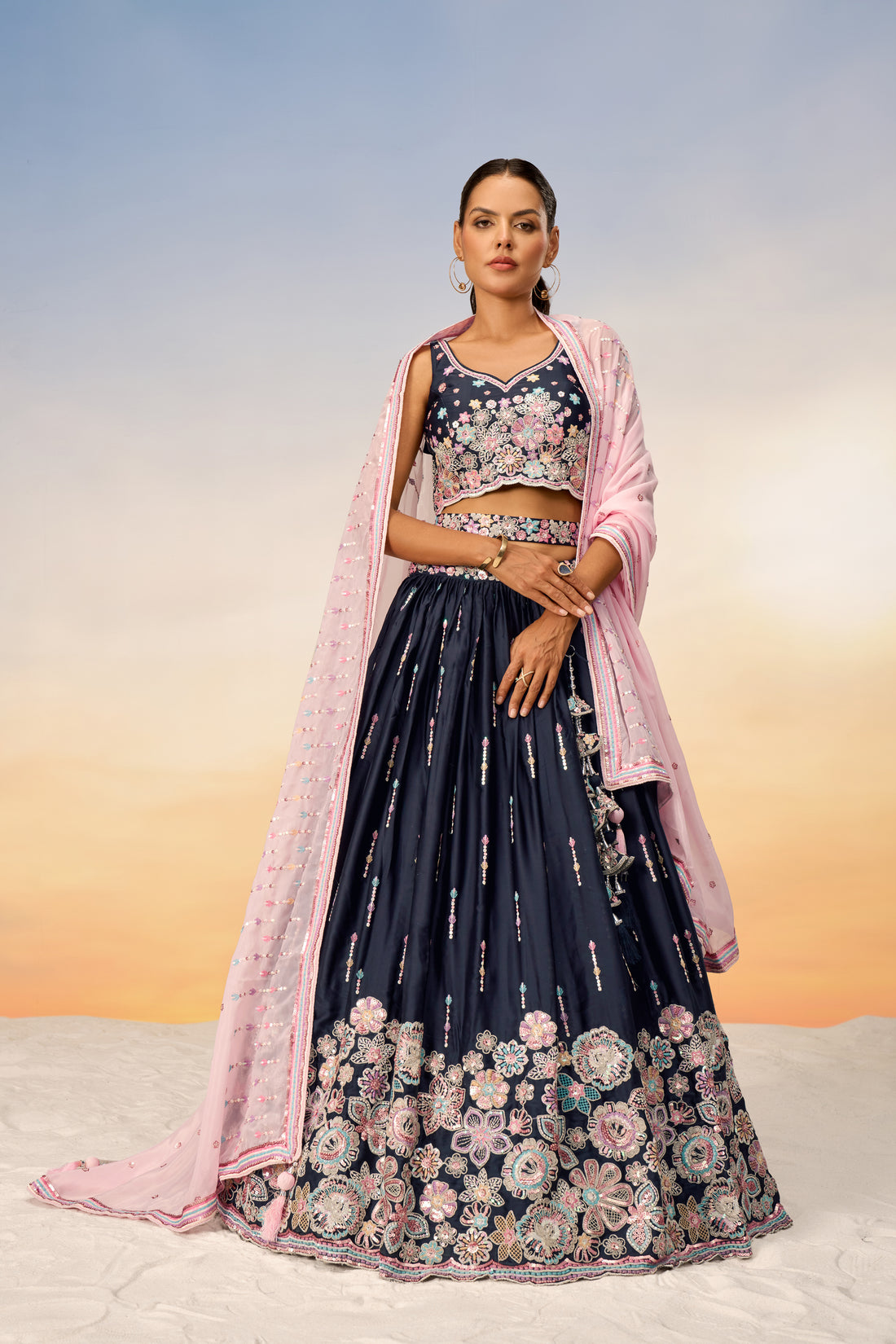 Luxurious Navy Blue Pure Georgette Lehenga Choli with Sequins - Rent