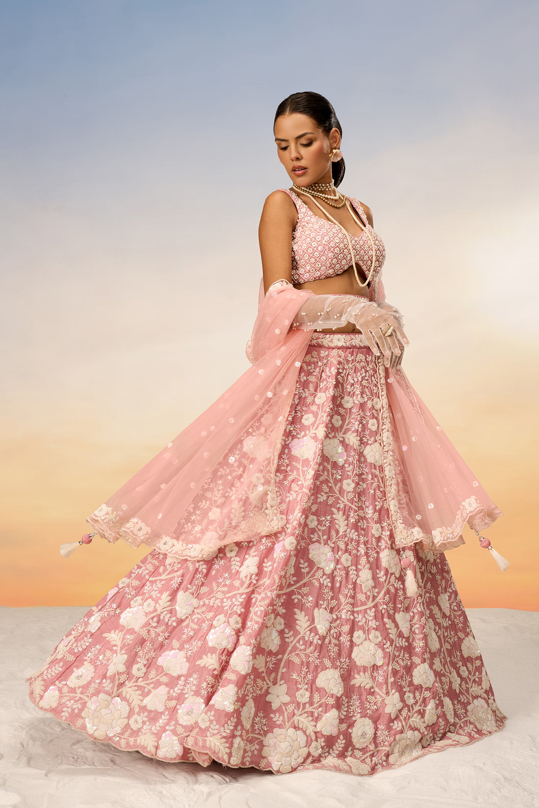 Rosegold   Georgette Sequins And Thread Work Lehenga, Choli, And Dupatta