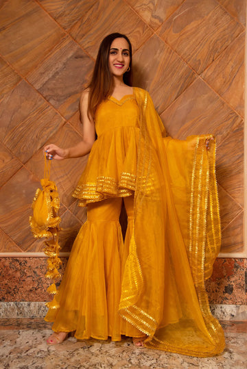 POMCHA JAIPUR'S MURAT MUSTARD ORGANZA SHARARA SET - RENT