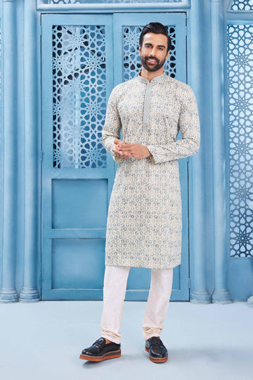 White Chikankari Style Kurta Pyjama for Wedding Guest - RENT