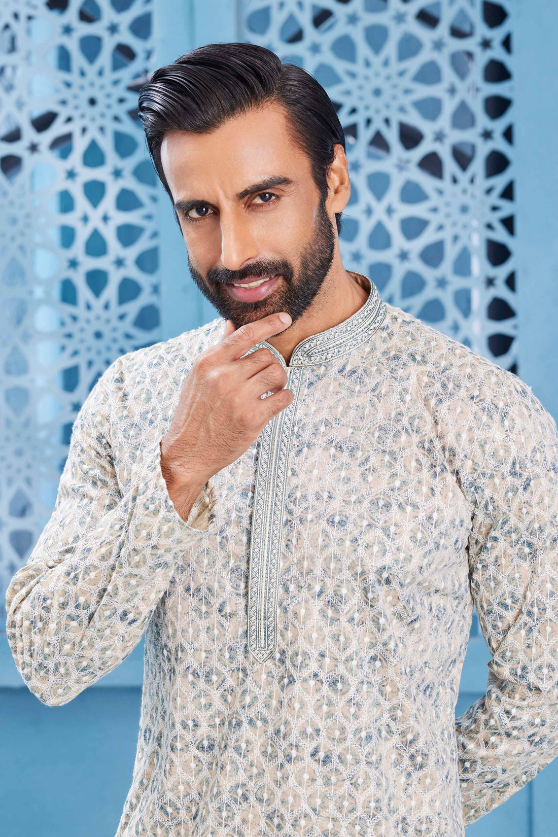 White Chikankari Style Kurta Pyjama for Wedding Guest - RENT