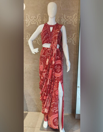Party Perfect Red Saree Mirror Accents and Bold Prints for Festive Vibes