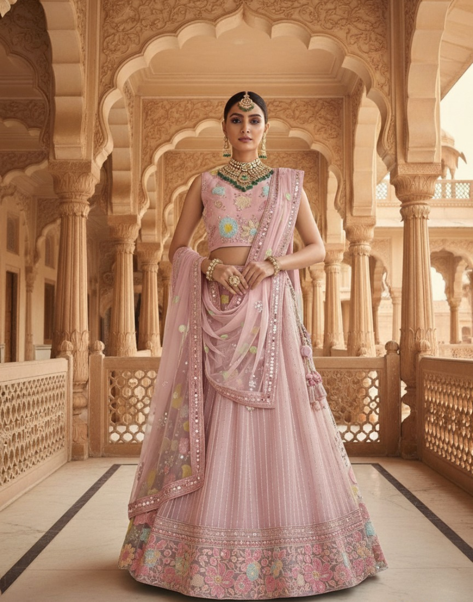 Party Wear Net Lehenga Choli Set with Thread Work & Sequin Embroidered Detailing_1