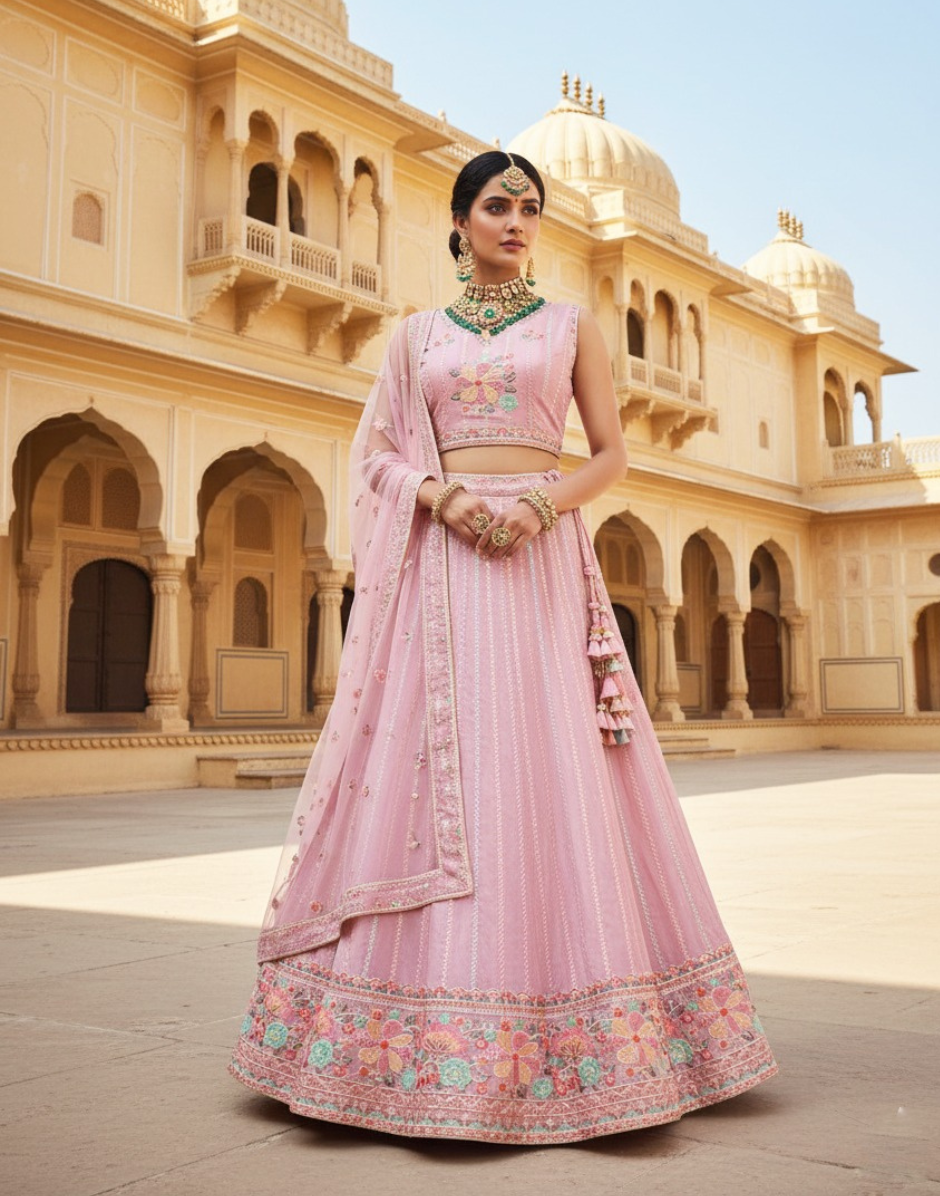 Party Wear Net Lehenga Choli Set with Thread Work & Sequin Embroidered Detailing_2