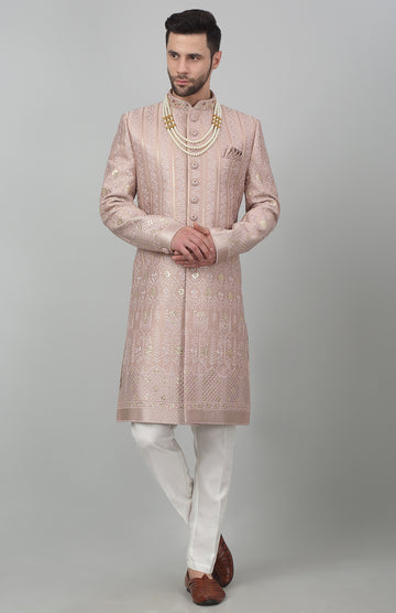 Pastel Dark Pink Cotton Embroidered Thread Gulposh Sherwani Set - Rent