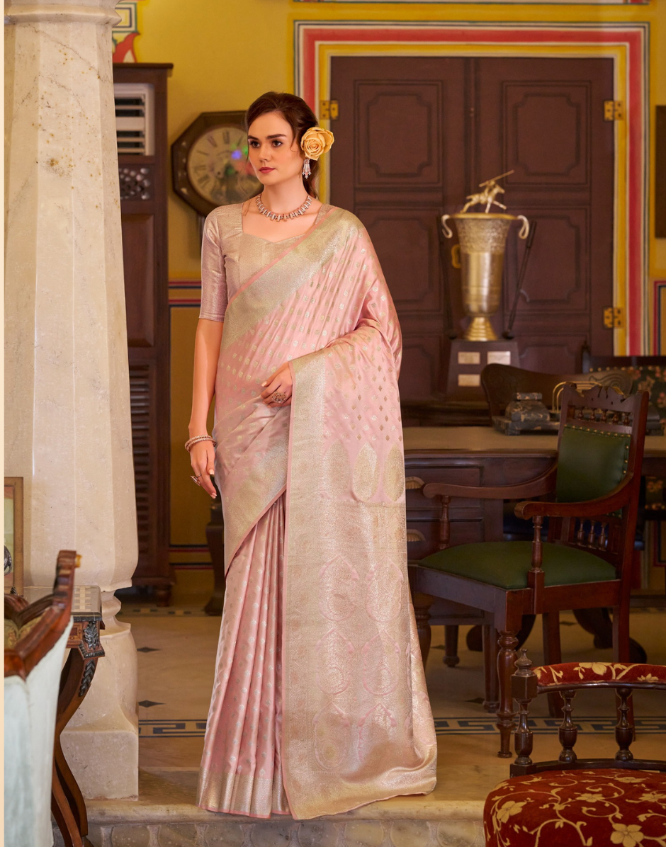 Pastel Grace Baby Pink Banarasi Saree in Glossy Satin Silk - Buy