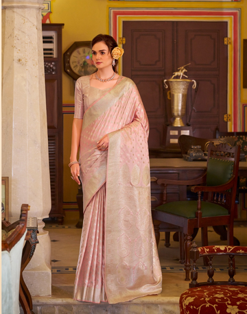 Pastel Grace Baby Pink Banarasi Saree in Glossy Satin Silk - Buy