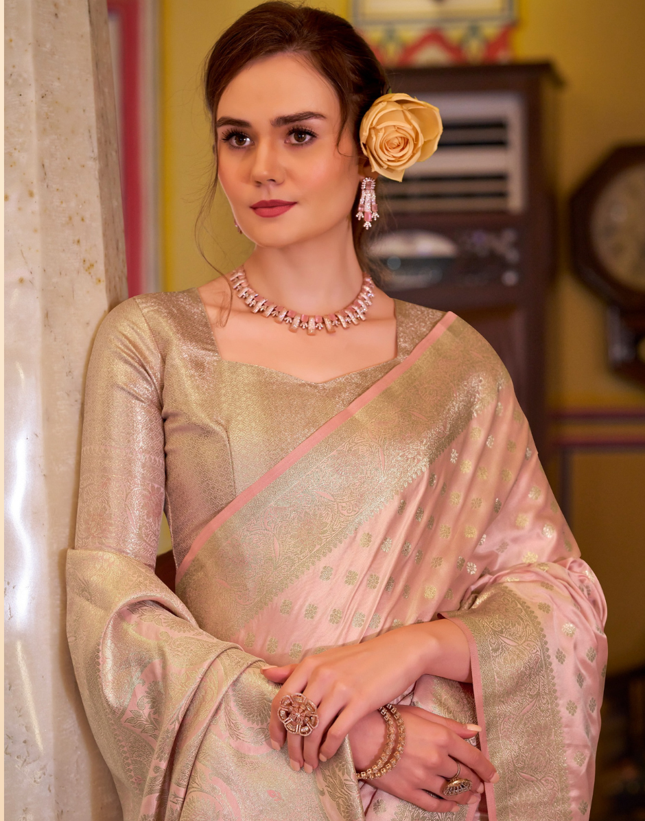 Pastel Grace Baby Pink Banarasi Saree in Glossy Satin Silk - Buy_1