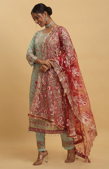 Pastel Green Georgette Embroidered Floral Round Kurta Set - Rent