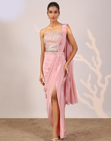 Pastel Perfection Baby Pink Sequin Drape Saree with Blouse Trendy Occasion Wear