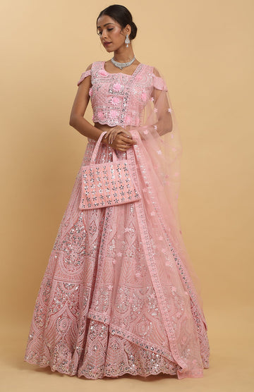 Pastel Pink Eden Embroidered Lehenga Set - Rent