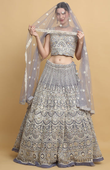 Pastel Viola Net Embroidered Floral Round Mayurupwan Bridal Lehenga Set  - Rent