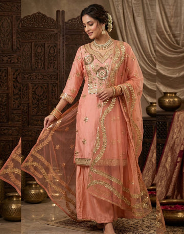 Peach Silk Embroidered Sharara for Wedding Guest