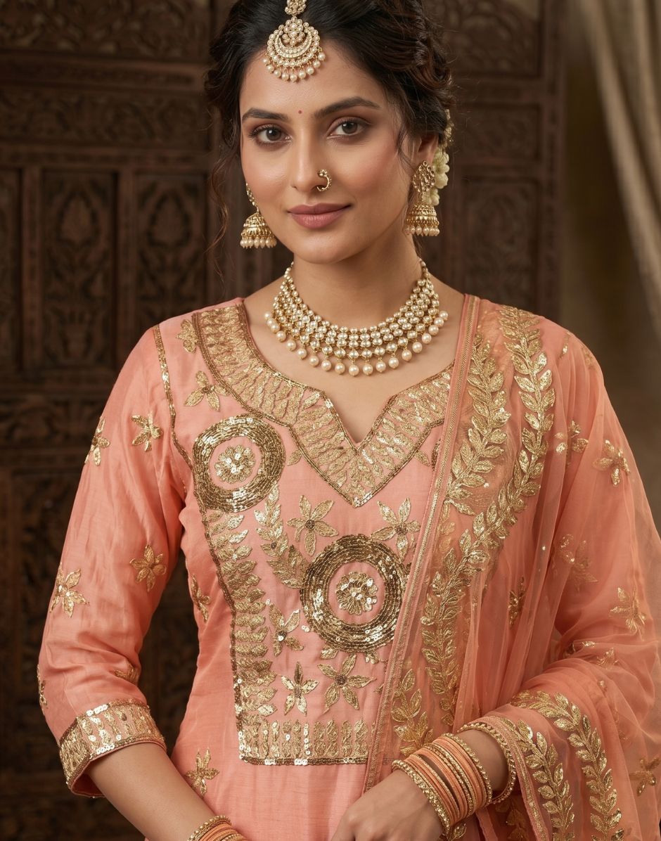 Peach Silk Embroidered Sharara for Wedding Guest