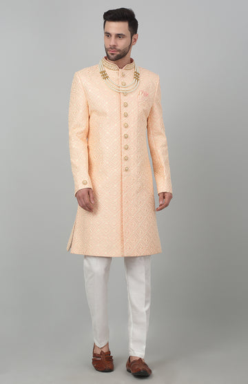 Peach Cotton Embroidered Thread Seher Sherwani Set - Rent