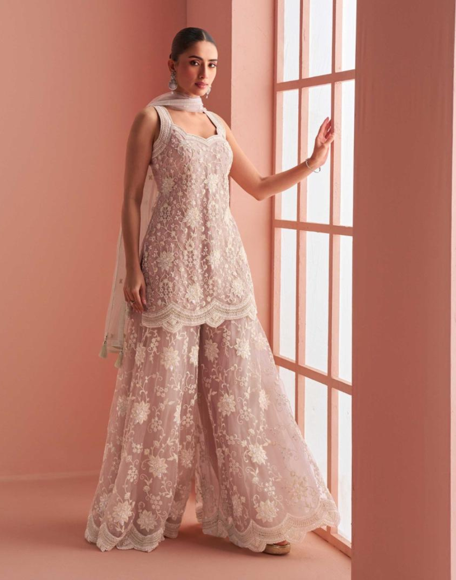 Peach Festive Palazzo Set Embroidered Halter Neck Top with Bead Highlights