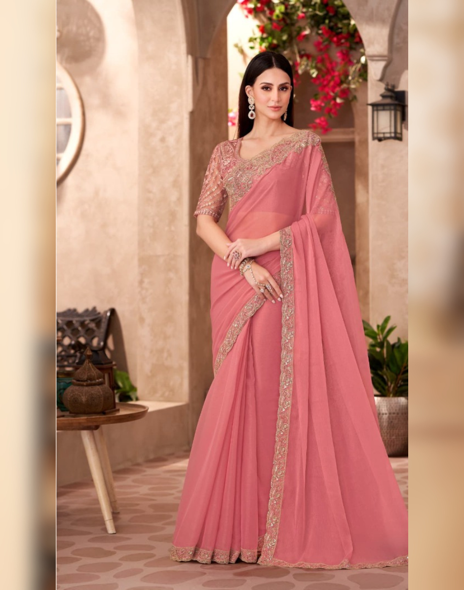 Peach Georgette Saree with Georgette Work Blouse Elegant Ethnic Ensemble - Buy_1