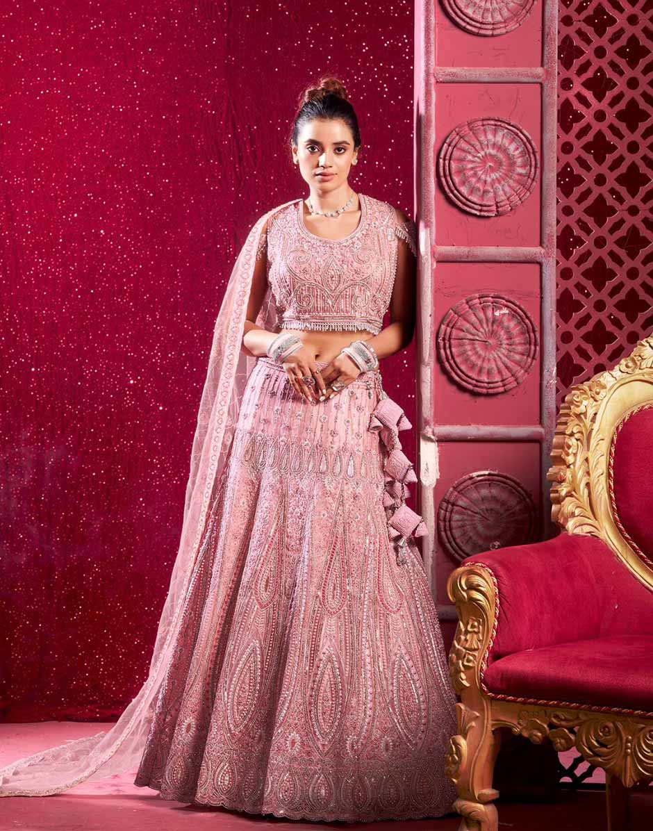 Peach Net Pearl Embroidered Lehenga Choli & Dupatta