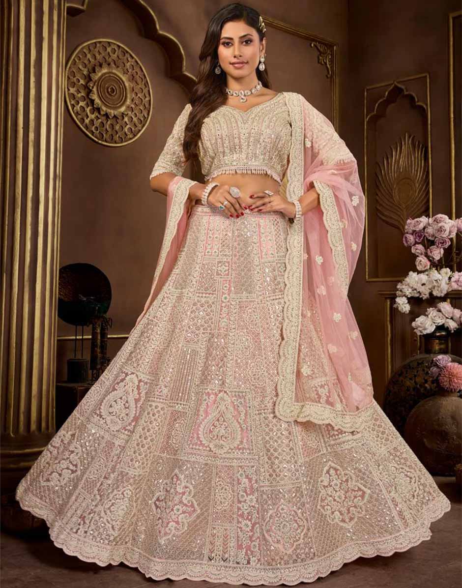 Peach Net Zarkan Embroidery Lehenga Choli & Dupatta