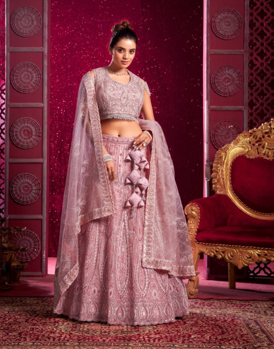Peach Premium Net Lehenga Set with Mirror Work, Pearl Latkans & Zarkan Embroidery - Buy
