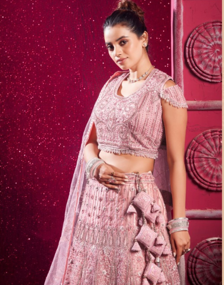 Peach Premium Net Lehenga Set with Mirror Work, Pearl Latkans & Zarkan Embroidery - Buy_1