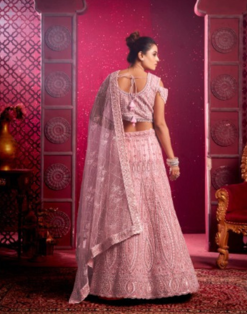 Peach Premium Net Lehenga Set with Mirror Work, Pearl Latkans & Zarkan Embroidery - Buy_2
