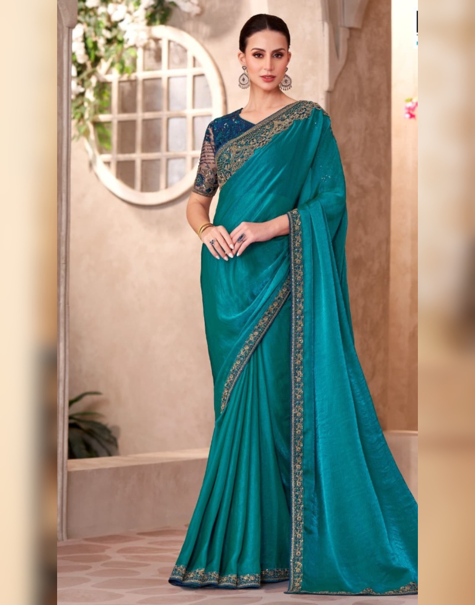 Peacock Blue Satin Saree with Linen Work Blouse Perfect for Weddings & Parties - Buy